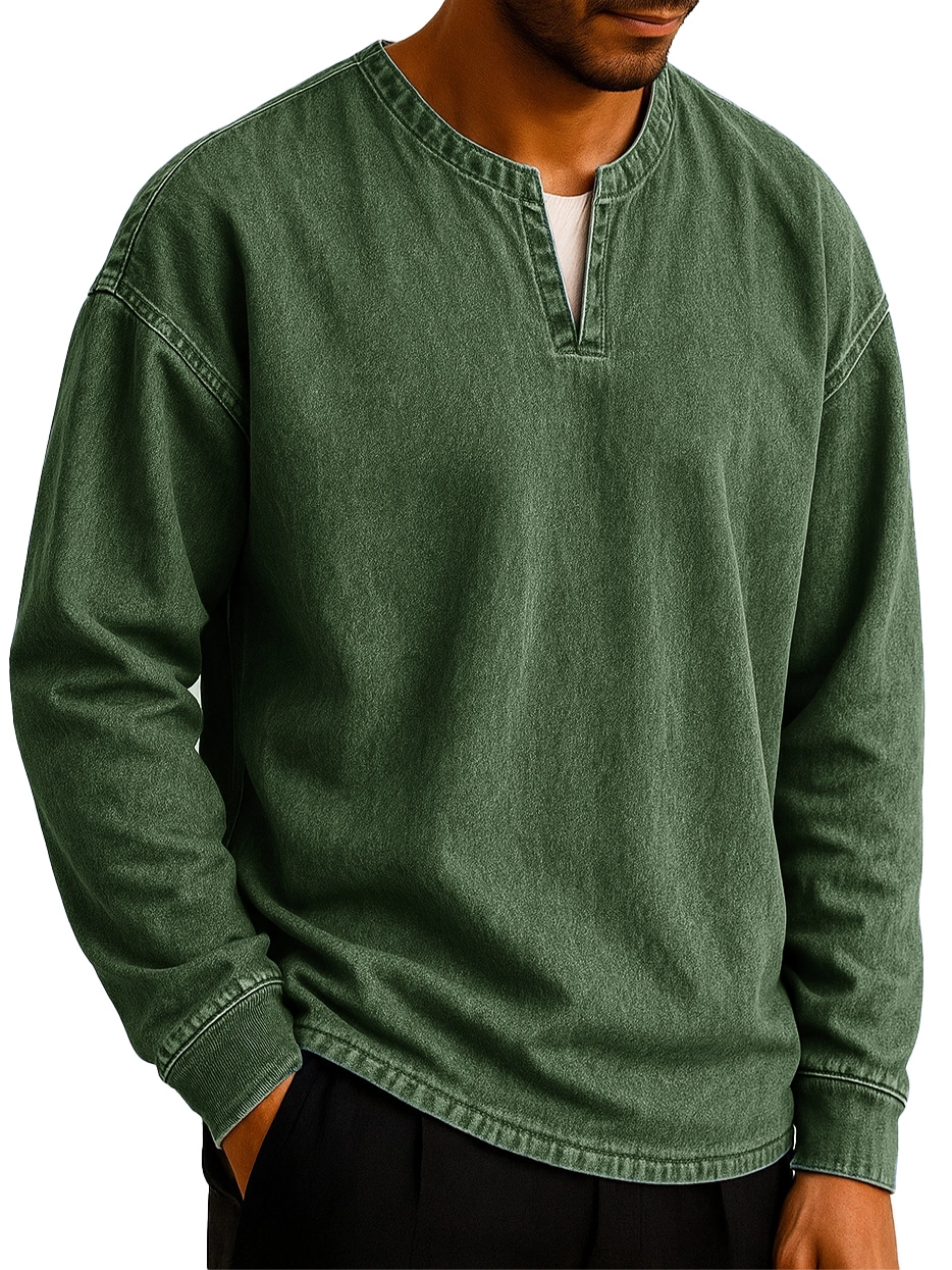 Men's Stylish Casual Outdoor V-neck Distressed Loose-fitting Long-sleeved T-shirt