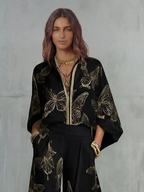 Elegant Butterfly Print Zip-Up Top & Wide Leg Pants Set