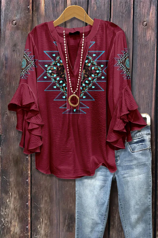 Retro Ethnic Print Ruffle Sleeve Top