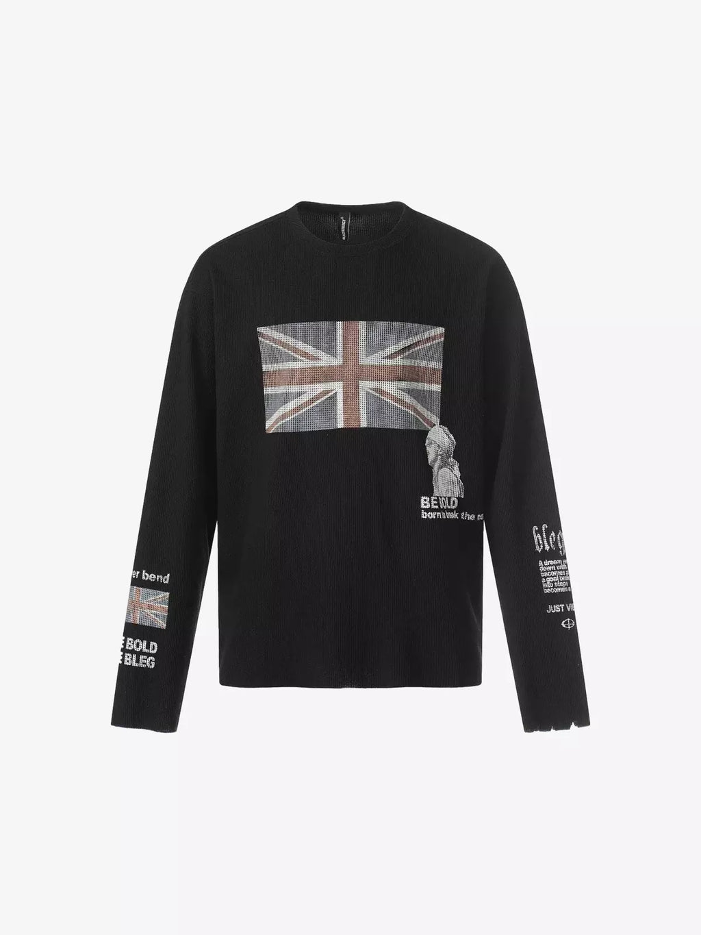 Union-Jack Waffle-Knit Distressed Long-Sleeve Shirt
