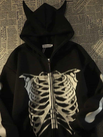 Niceprimes Demon Horn Skull Zip-Up Shirt