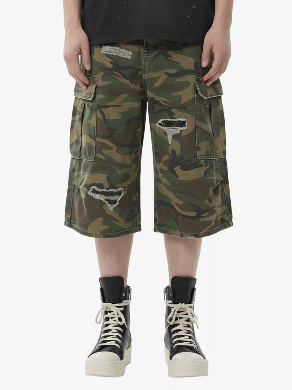 Retro Ripped Camouflage Cropped Shorts