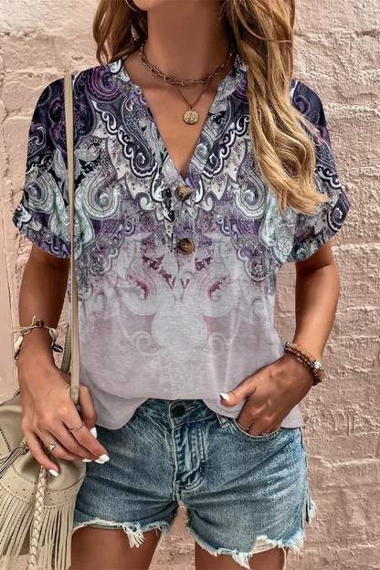Floral Print Button Detailed V-Neck Top