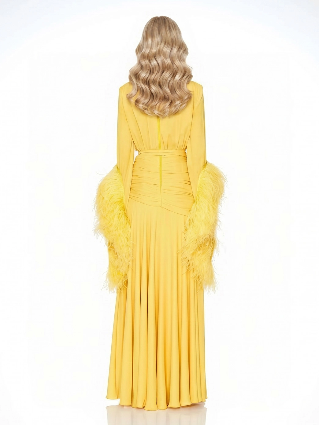 Elegant V-Neck Feather Cuff Flowing Chiffon Maxi Dress
