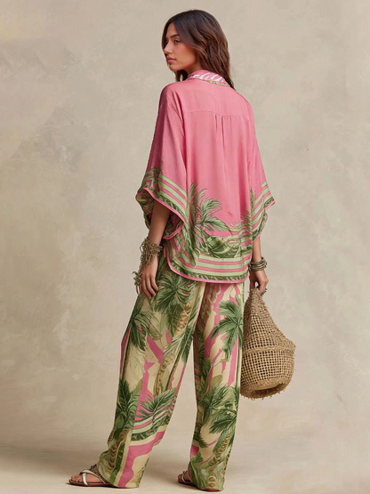 Bohemian Tropical Print Flowy Top & Wide-Leg Pants Two-Piece Set