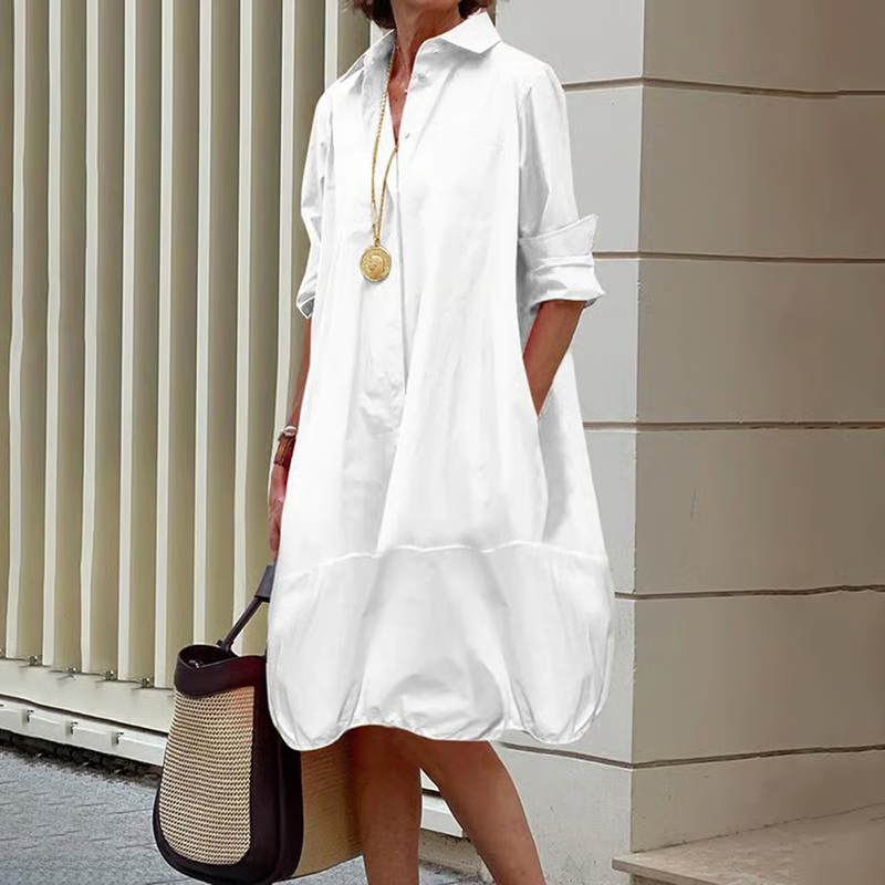 💃2025 New Style Women's Long Sleeve Button-down Shirt Dresses, Casual Loose Midi Dress with Two Side Pockets | Almost Gone⚡
