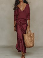 Effortless Ivory Knit & Satin Midi Ensemble