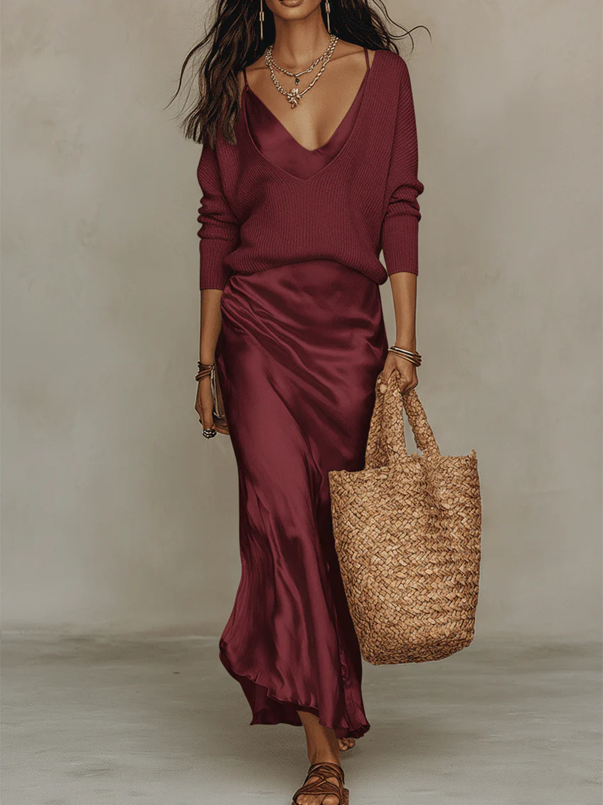 Effortless Ivory Knit & Satin Midi Ensemble