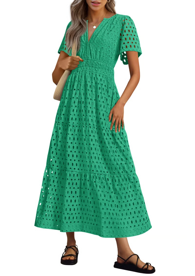 2025 Womens Summer V Neck Maxi Dress Short Sleeve Hollow Out Flowy Beach Dress