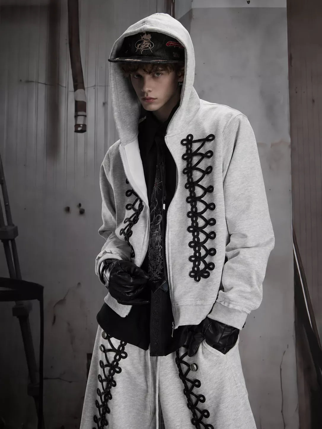 Lace-Up Rope Detail Zip-Up Hoodie