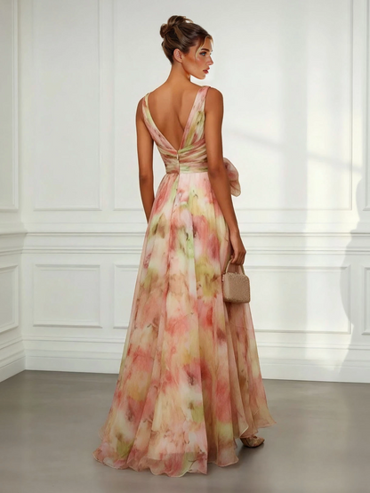 Elegant Abstract Print V-Neck Tie-Waist Maxi Dress