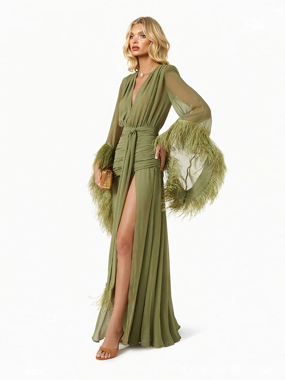 Elegant V-Neck Feather Cuff Flowing Chiffon Maxi Dress