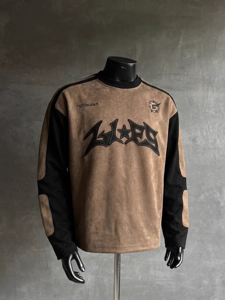 Suede Embroidered Colorblock Long Sleeve Streetwear Tee