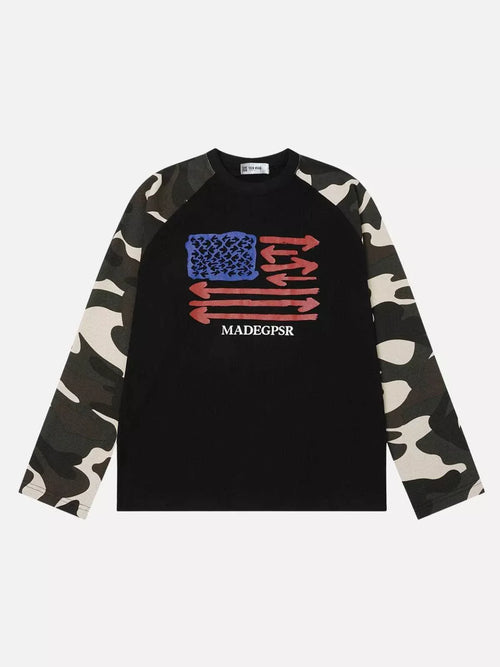 Camo Spliced Graphic Waffle Long Sleeve Tee