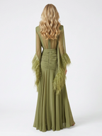 Elegant V-Neck Feather Cuff Flowing Chiffon Maxi Dress