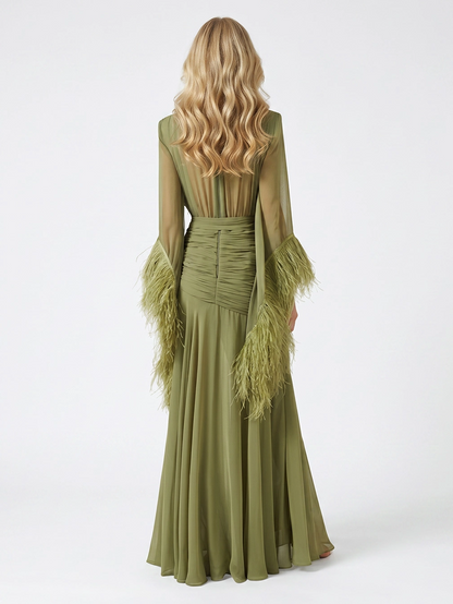 Elegant V-Neck Feather Cuff Flowing Chiffon Maxi Dress