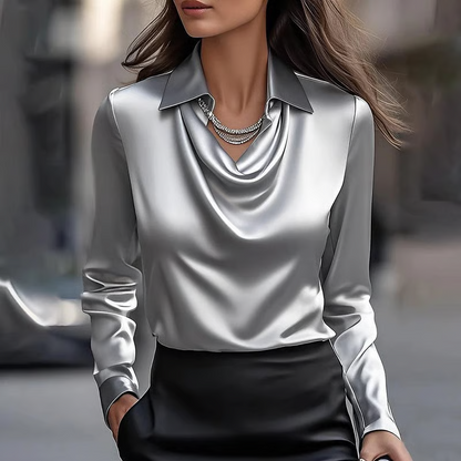 Elegant White Satin Blouse with Draped Neckline