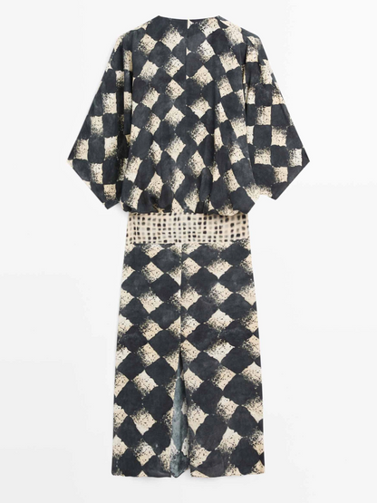 Casual Abstract Plaid Print Kimono Sleeve Maxi Dress