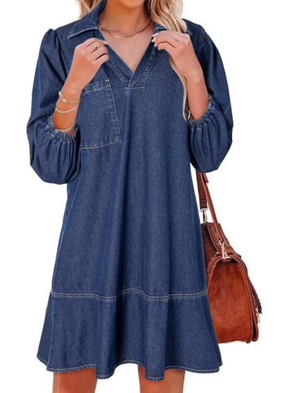 Women's V-neck Puff Sleeve Denim Layered Dress(BUY 2 FREE SHIPPING)