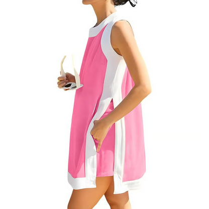 ⏰🔥LAST DAY 57% OFF - Women's Cotton 2-Piece Sets Color Block Crewneck Sleeveless Top + Skirt & Shorts w/ Pockets