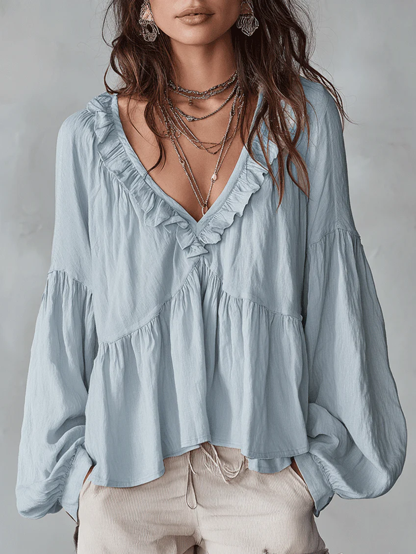 Airy Vintage-Inspired Ruffle Soft Ruffle Bohemian Blouse