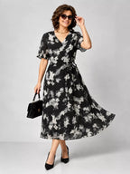 V Neck Cinched Waist Chiffon Dress
