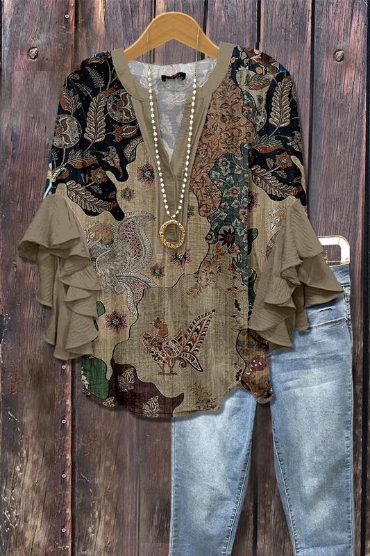 Vintage Print Ruffle Sleeve Top