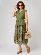 Women's Olive Green V-Neck Wrap Top & Caramel Printed Skirt Set