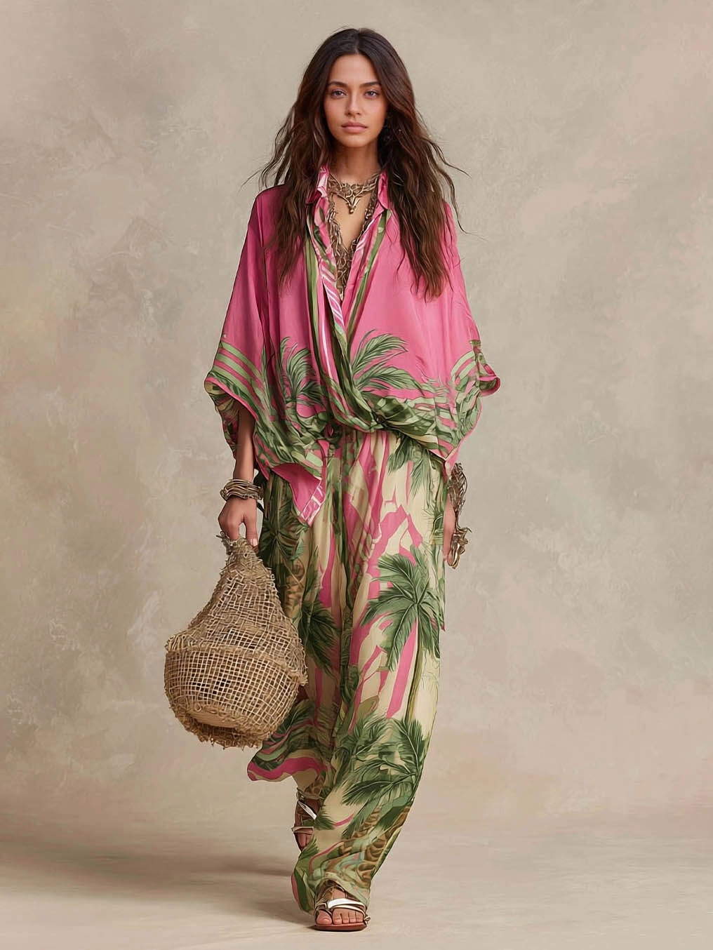 Bohemian Tropical Print Flowy Top & Wide-Leg Pants Two-Piece Set