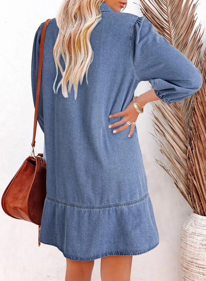Women's V-neck Puff Sleeve Denim Layered Dress(BUY 2 FREE SHIPPING)