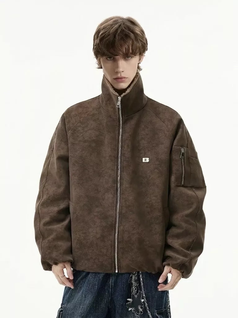 Faux Fur Collar Suede Bomber Jacket