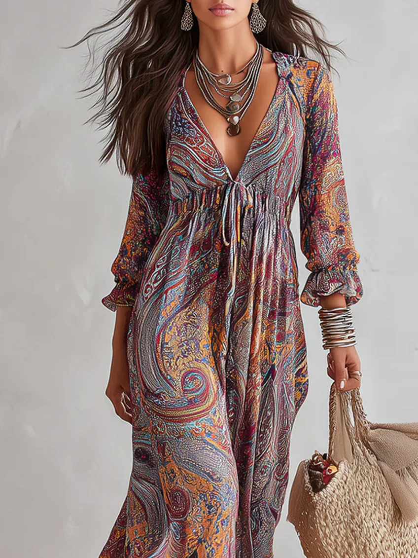 Vintage Paisley Print V neck Dress With Tie Waist