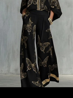 Elegant Butterfly Print Zip-Up Top & Wide Leg Pants Set