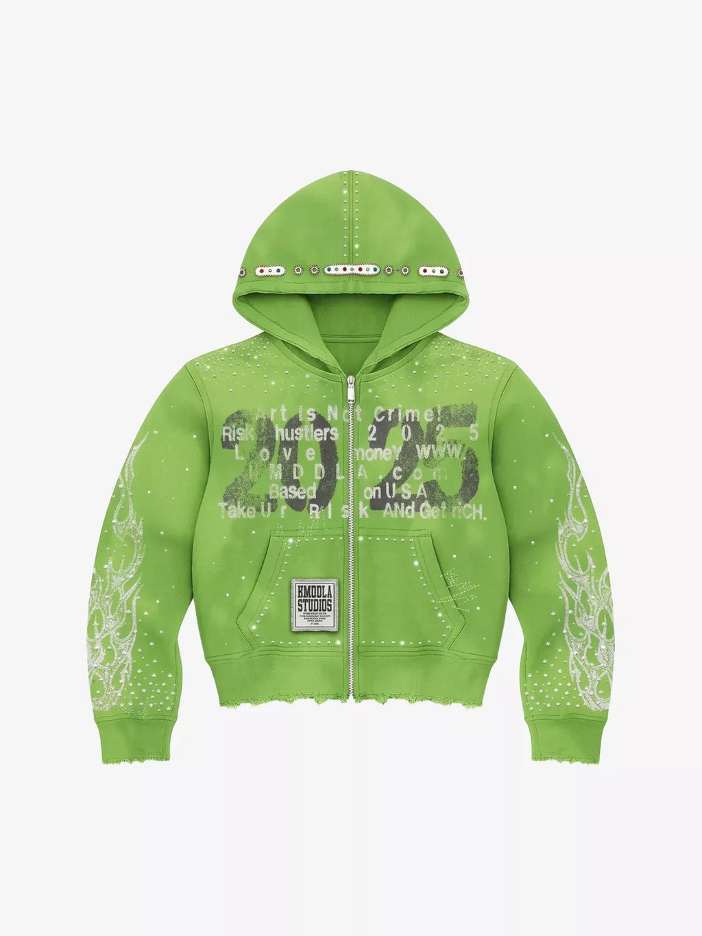 Studded Flame Streetwear Zip-Up Hoodie