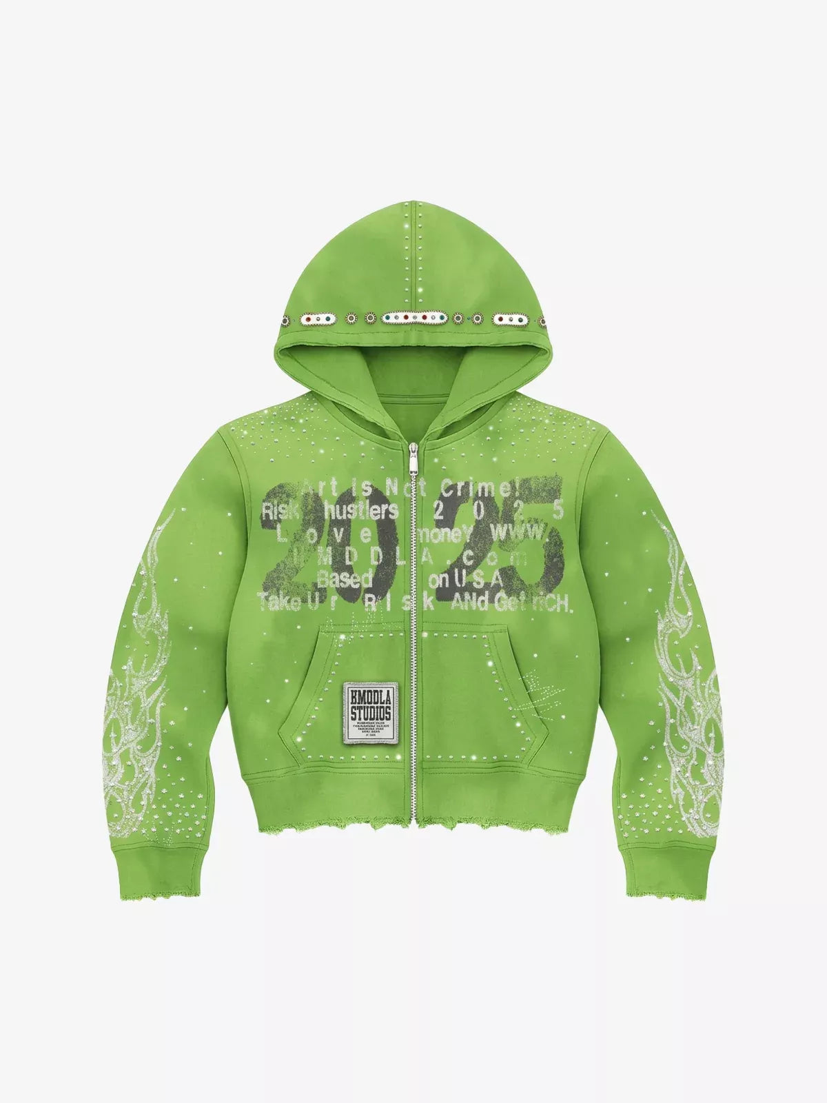 Studded Flame Streetwear Zip-Up Hoodie