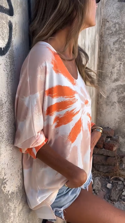Women's V-neck Knitted Tie-dye Casual Top