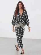 Casual Abstract Plaid Print Kimono Sleeve Maxi Dress