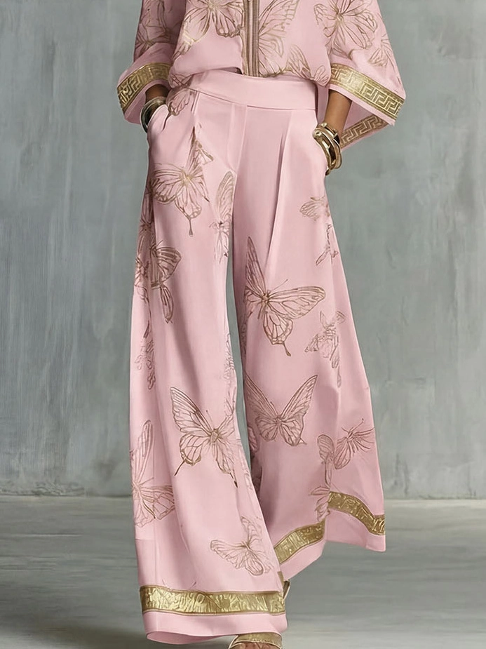Elegant Butterfly Print Zip-Up Top & Wide Leg Pants Set