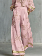 Elegant Butterfly Print Zip-Up Top & Wide Leg Pants Set
