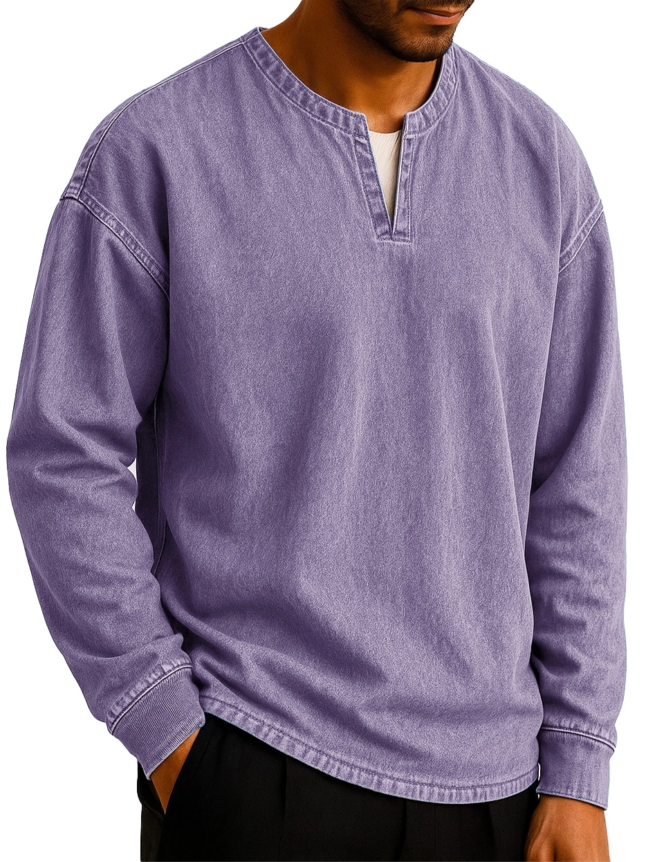 Men's Stylish Casual Outdoor V-neck Distressed Loose-fitting Long-sleeved T-shirt