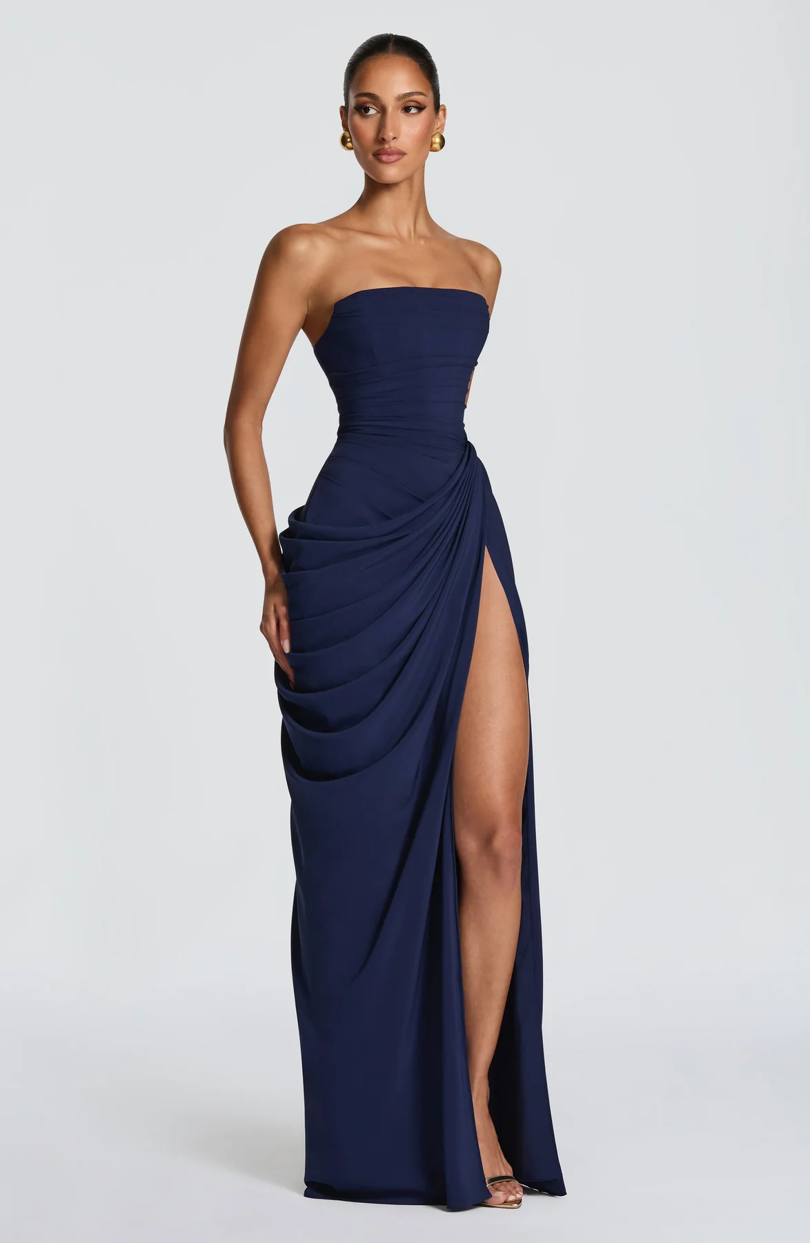 Cyra Back Lace-up Asymmetrical Pleats Strapless Slit Maxi Dress