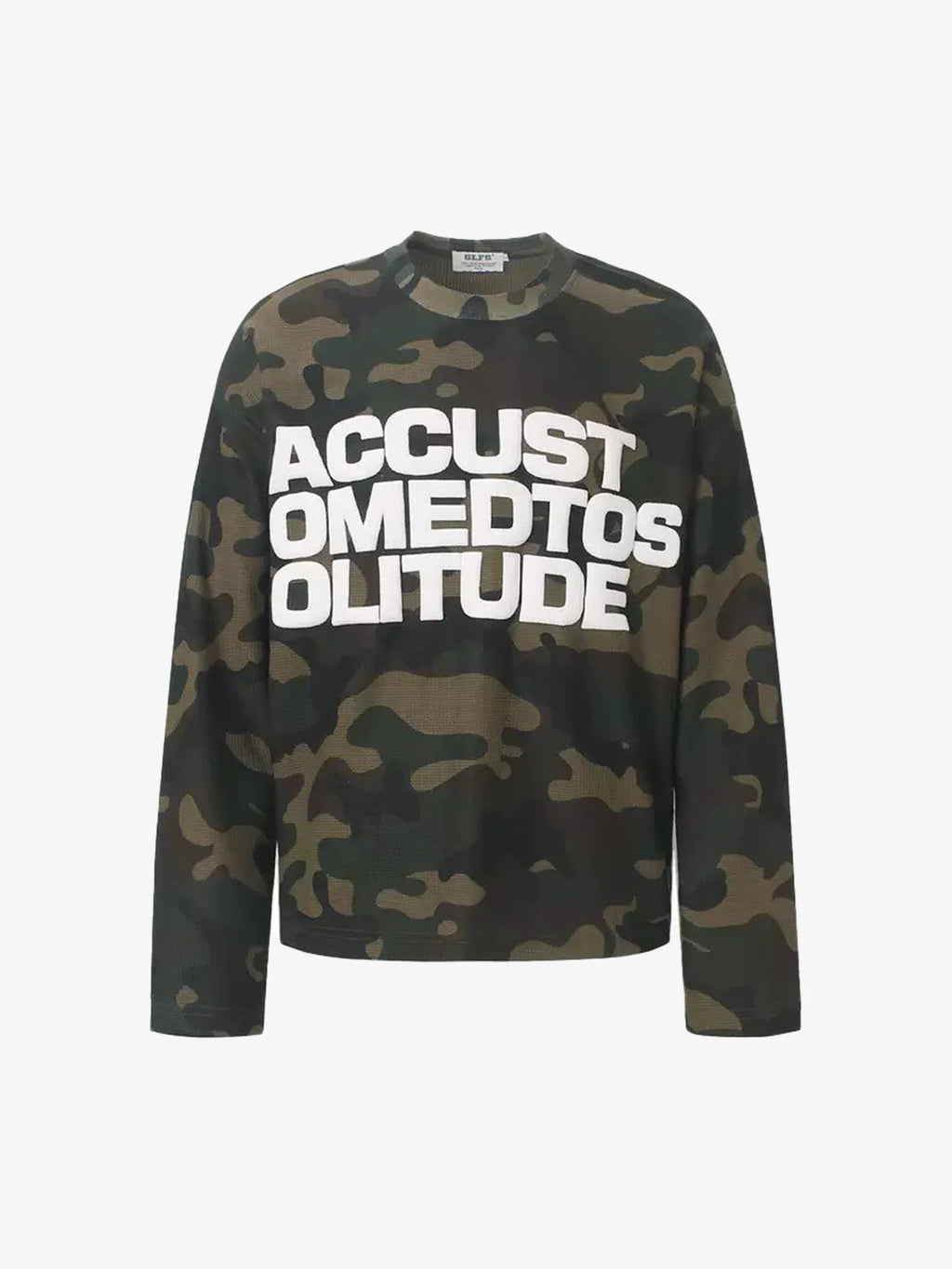 Camo-Print Graphic-Letter Waffle-Knit Long-Sleeve Shirt