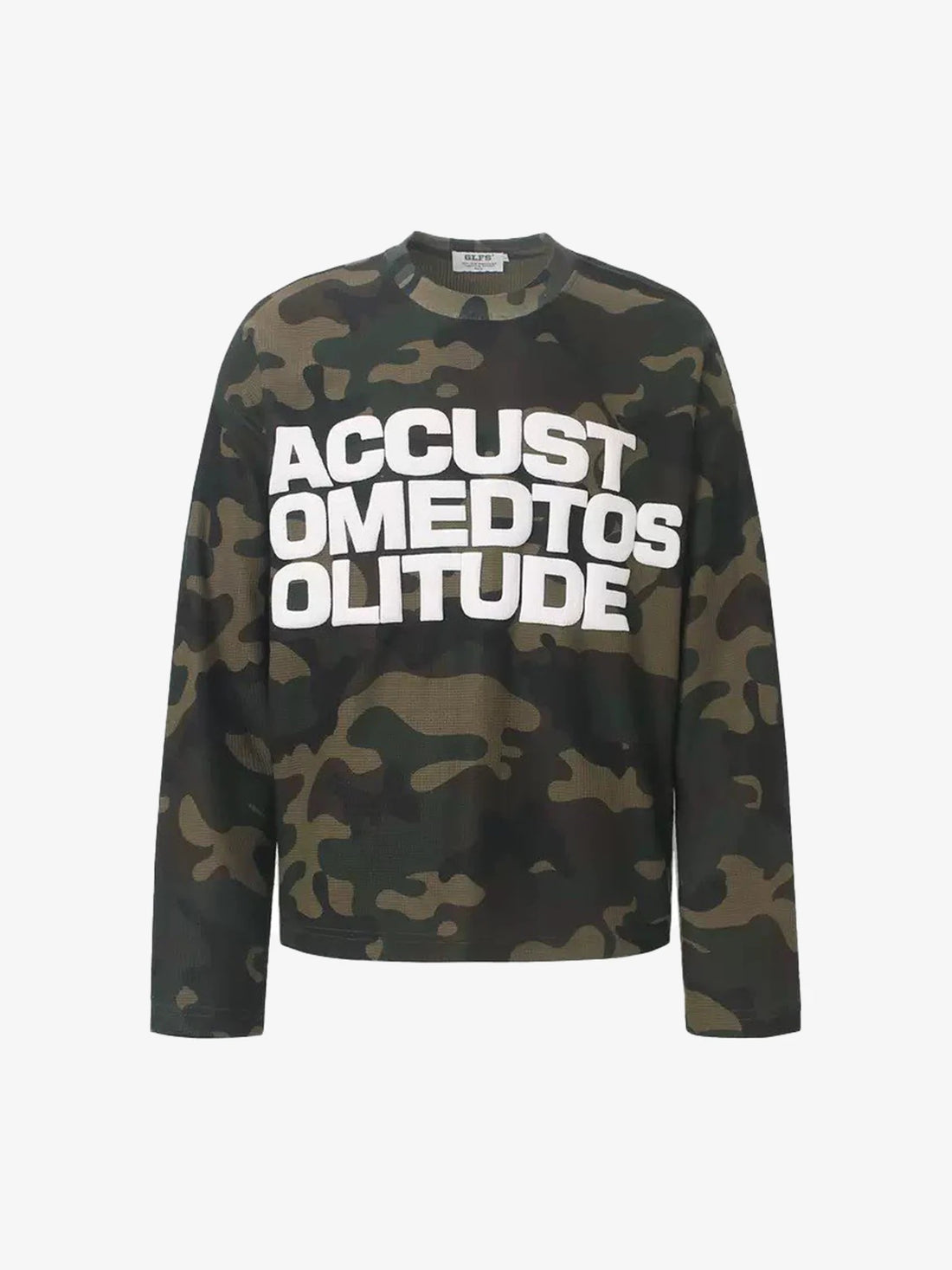 Camo-Print Graphic-Letter Waffle-Knit Long-Sleeve Shirt