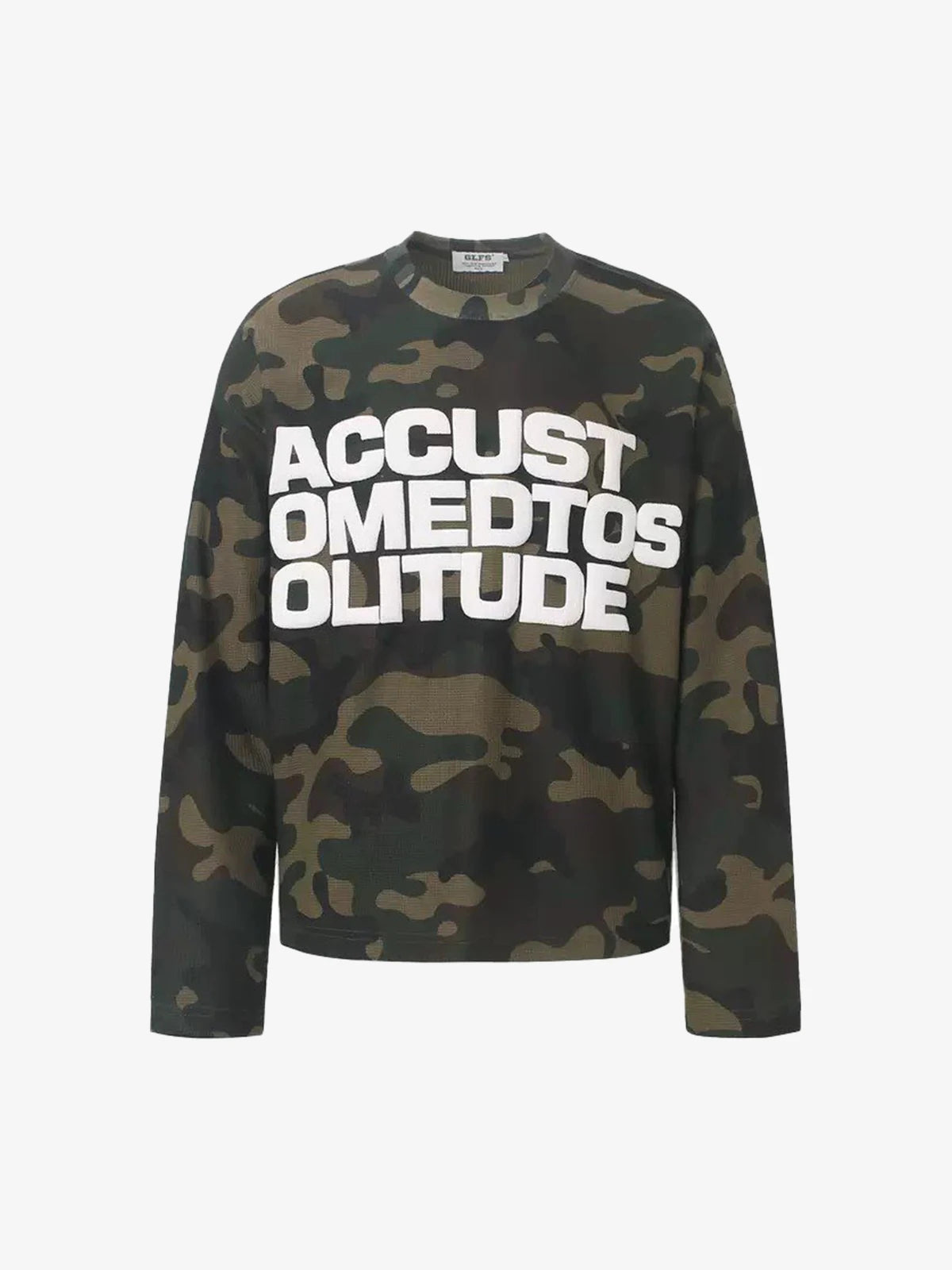 Camo-Print Graphic-Letter Waffle-Knit Long-Sleeve Shirt
