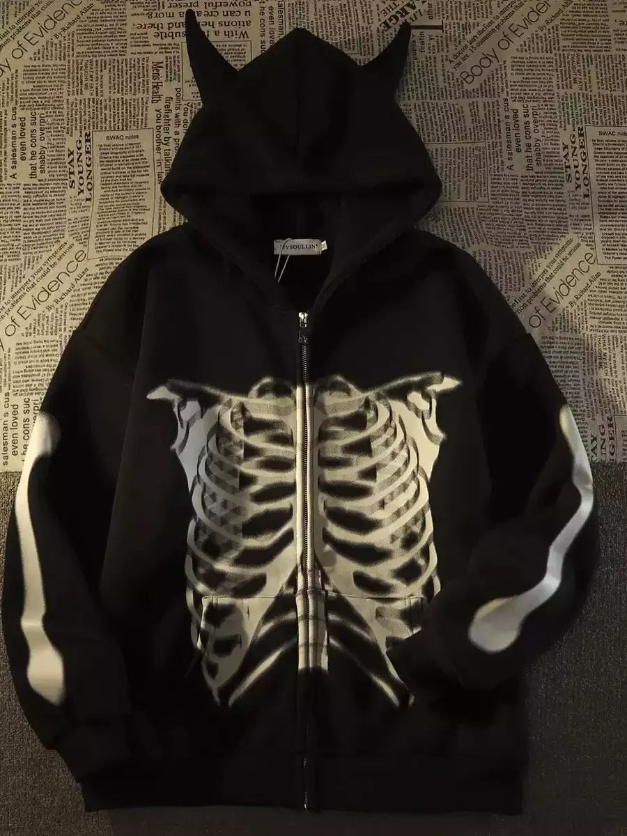 Niceprimes Demon Horn Skull Zip-Up Shirt