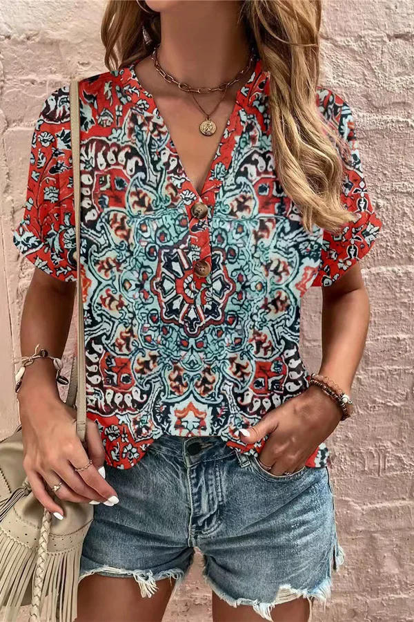 Floral Print Button Detailed V-Neck Top