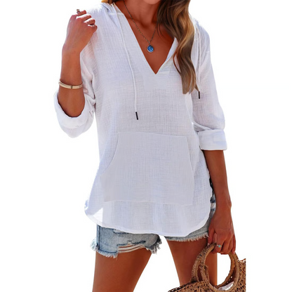 Women's Oversized Hooded Beach Cover Up - Long Sleeve V-Neck Pocket Shirt