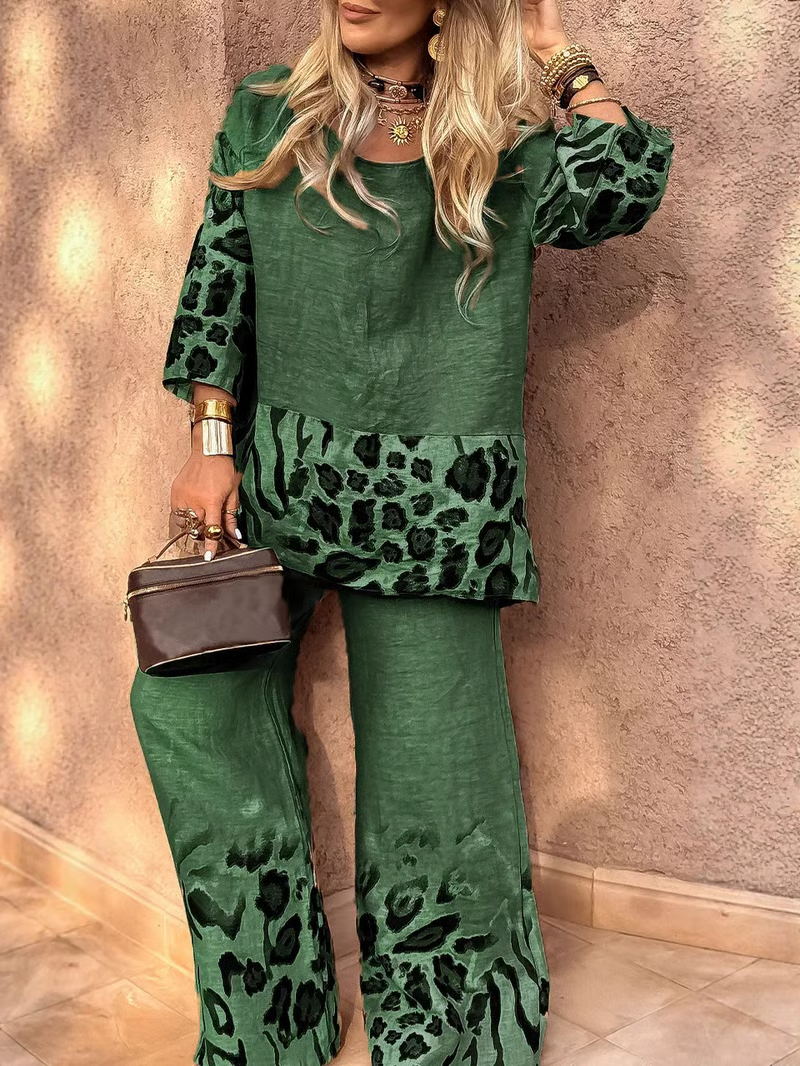 Women's Round Neck Leopard Print Cotton and Linen Casual Suit