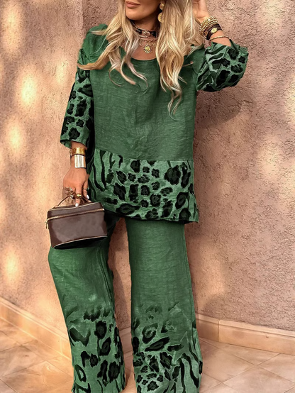 Women's Round Neck Leopard Print Cotton and Linen Casual Suit