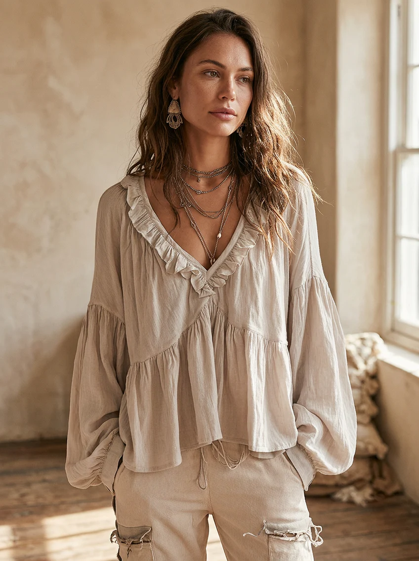 Airy Vintage-Inspired Ruffle Soft Ruffle Bohemian Blouse